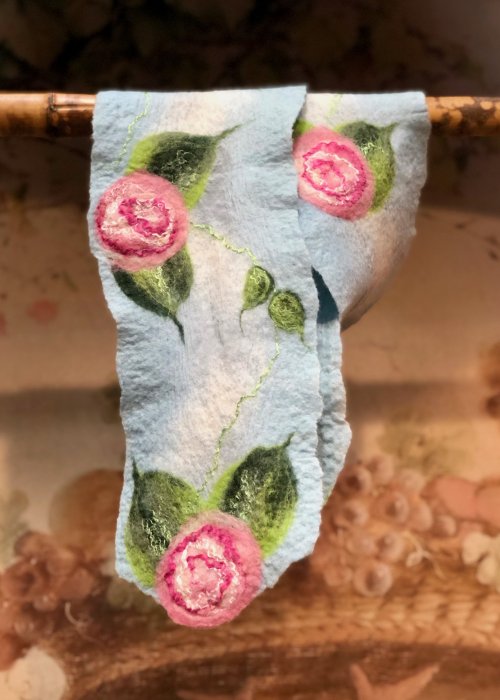 Agnes Foss - Felted Merino Scarf - Pink Roses on Blue Background 